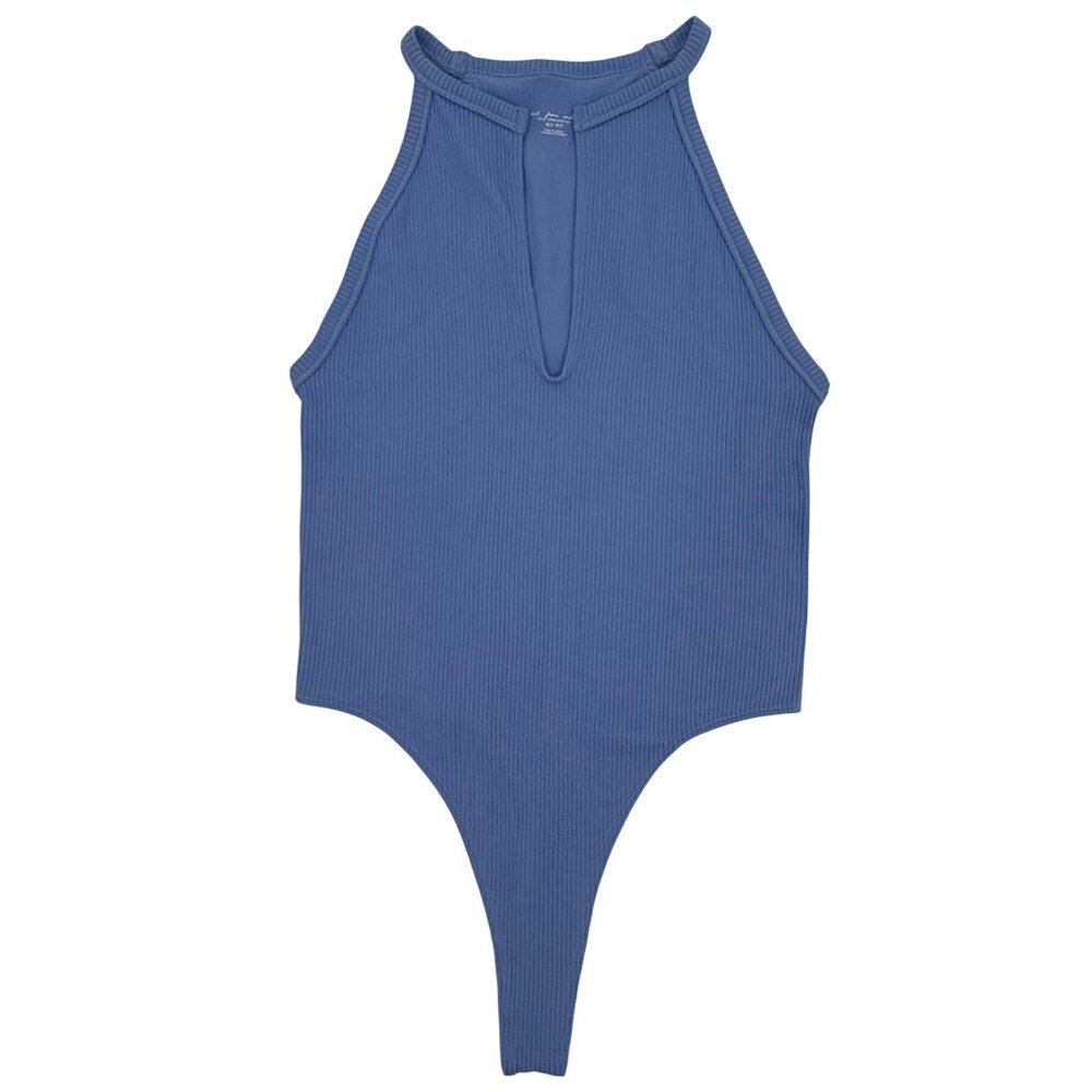 NWT UO Blue Ribbed Bodysuit XS/S High Neck V-Slit Thong • Modern Minimalist Y2K - Picture 11 of 16
